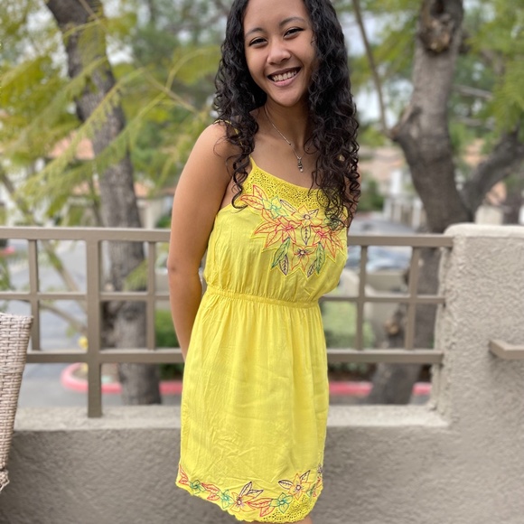 Lemon Yellow Embroidered Crochet mini dress - Picture 1 of 7